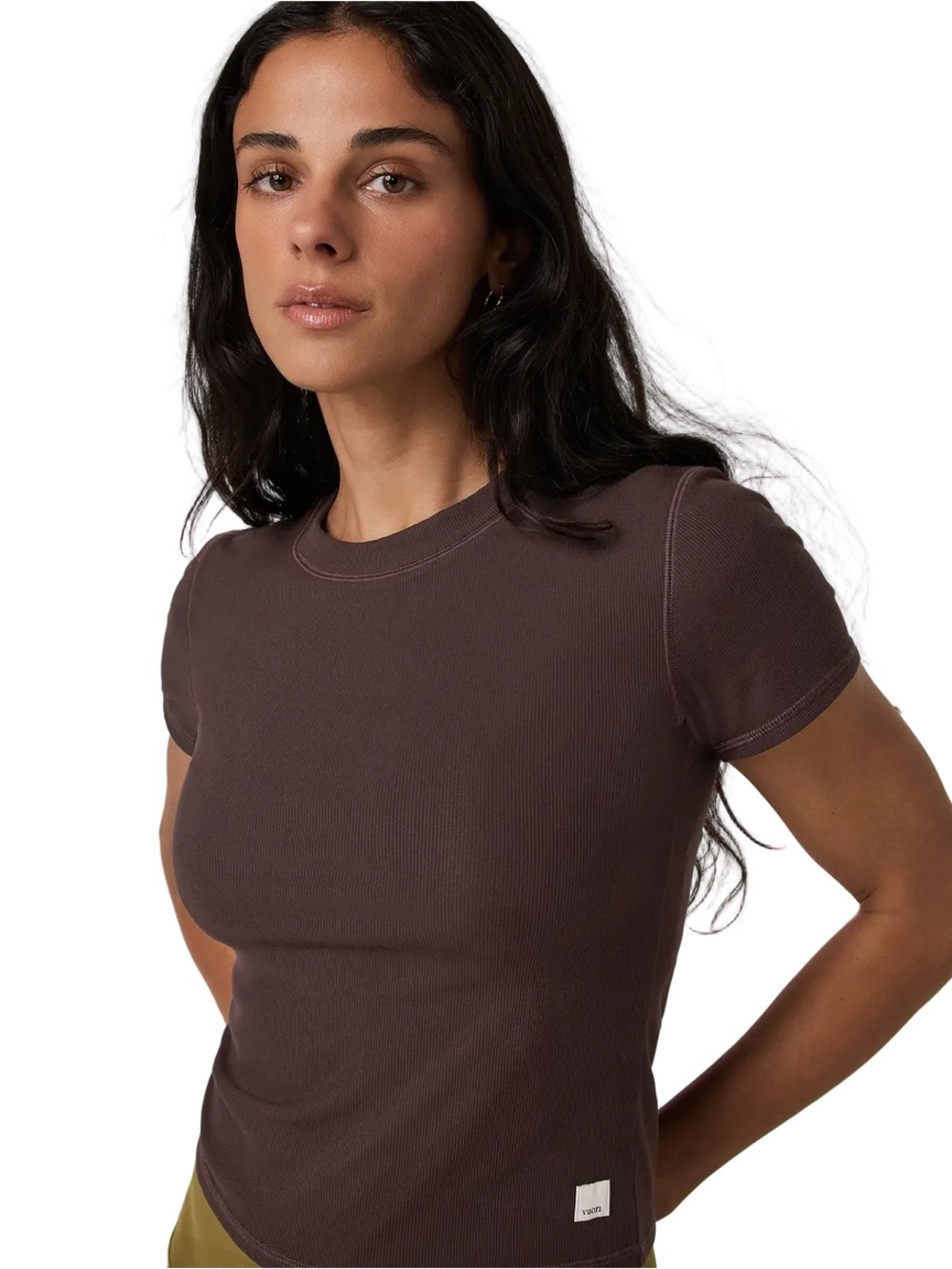 Vuori Pose Fitted Tee Brown Ribbed Short Sleeve Crewneck